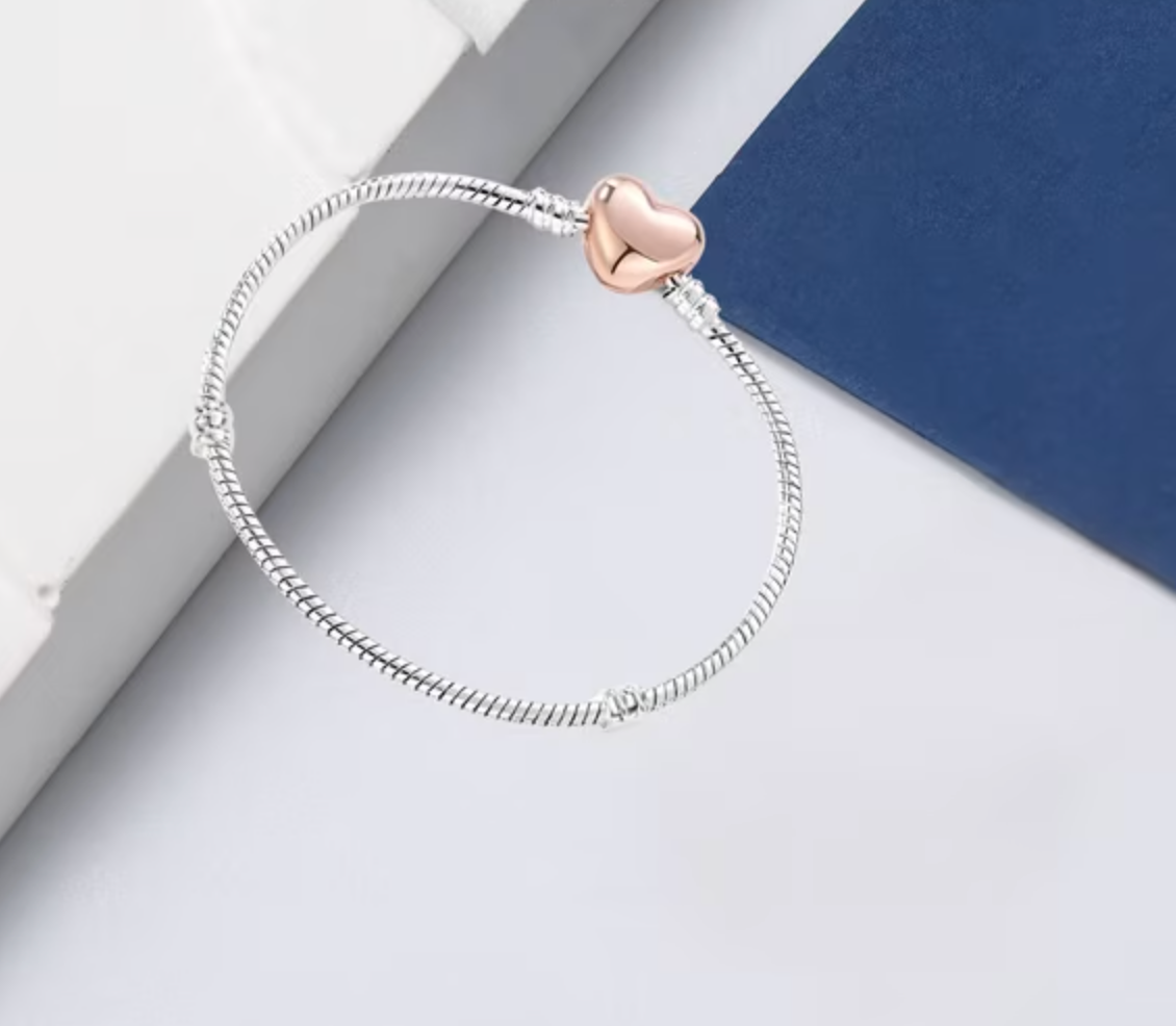 Silver Chain Charm Bracelet with Rose Gold Heart Clasp, 7.48 Inch