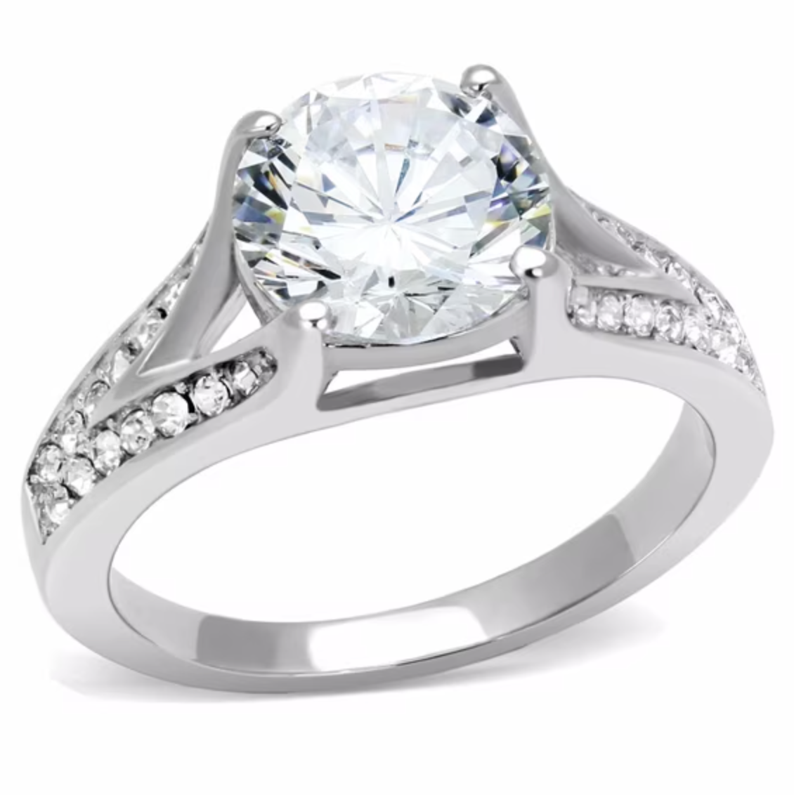 Round Cut Cubic Zirconia Ring with Stainless Steel Band and Accent Stones