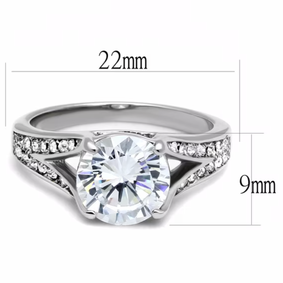Round Cut Cubic Zirconia Ring with Stainless Steel Band and Accent Stones