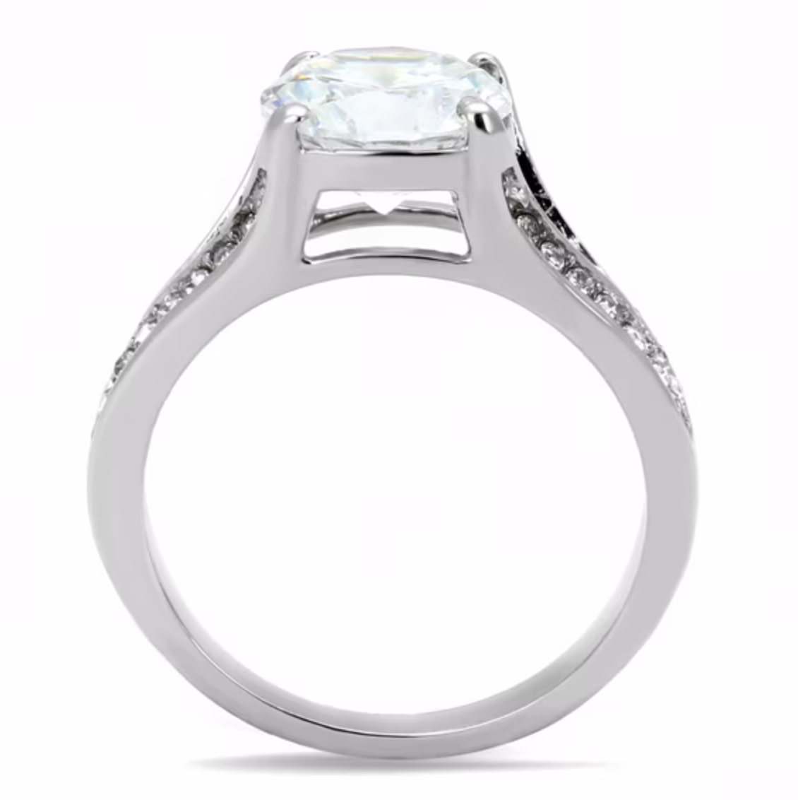 Round Cut Cubic Zirconia Ring with Stainless Steel Band and Accent Stones