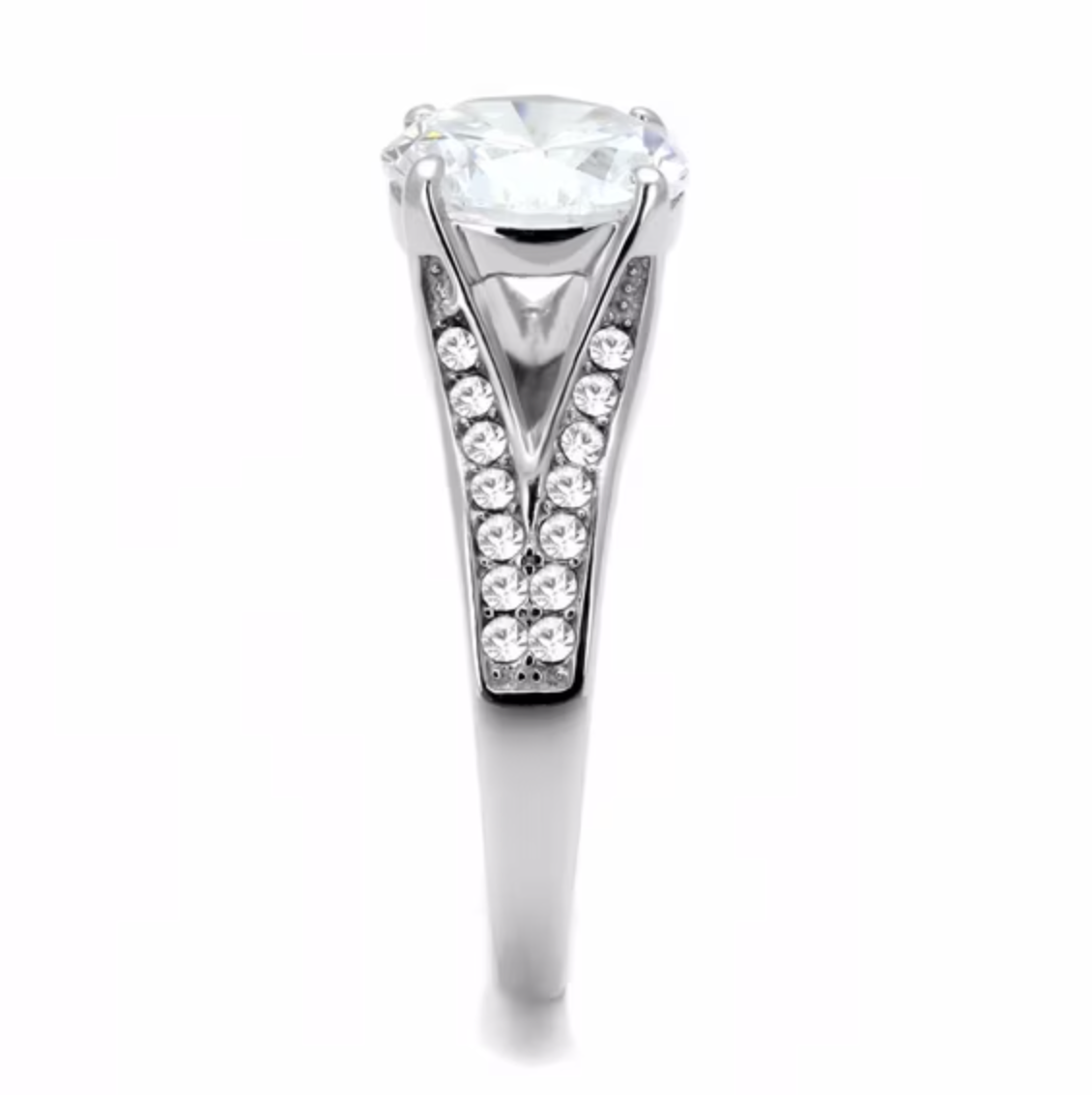 Round Cut Cubic Zirconia Ring with Stainless Steel Band and Accent Stones
