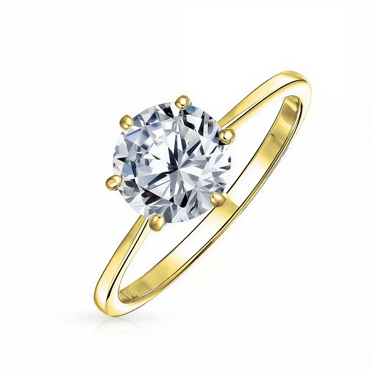 Round Cubic Zirconia Solitaire Ring with 6 Prong Setting and Gold Plated Sterling Silver Band