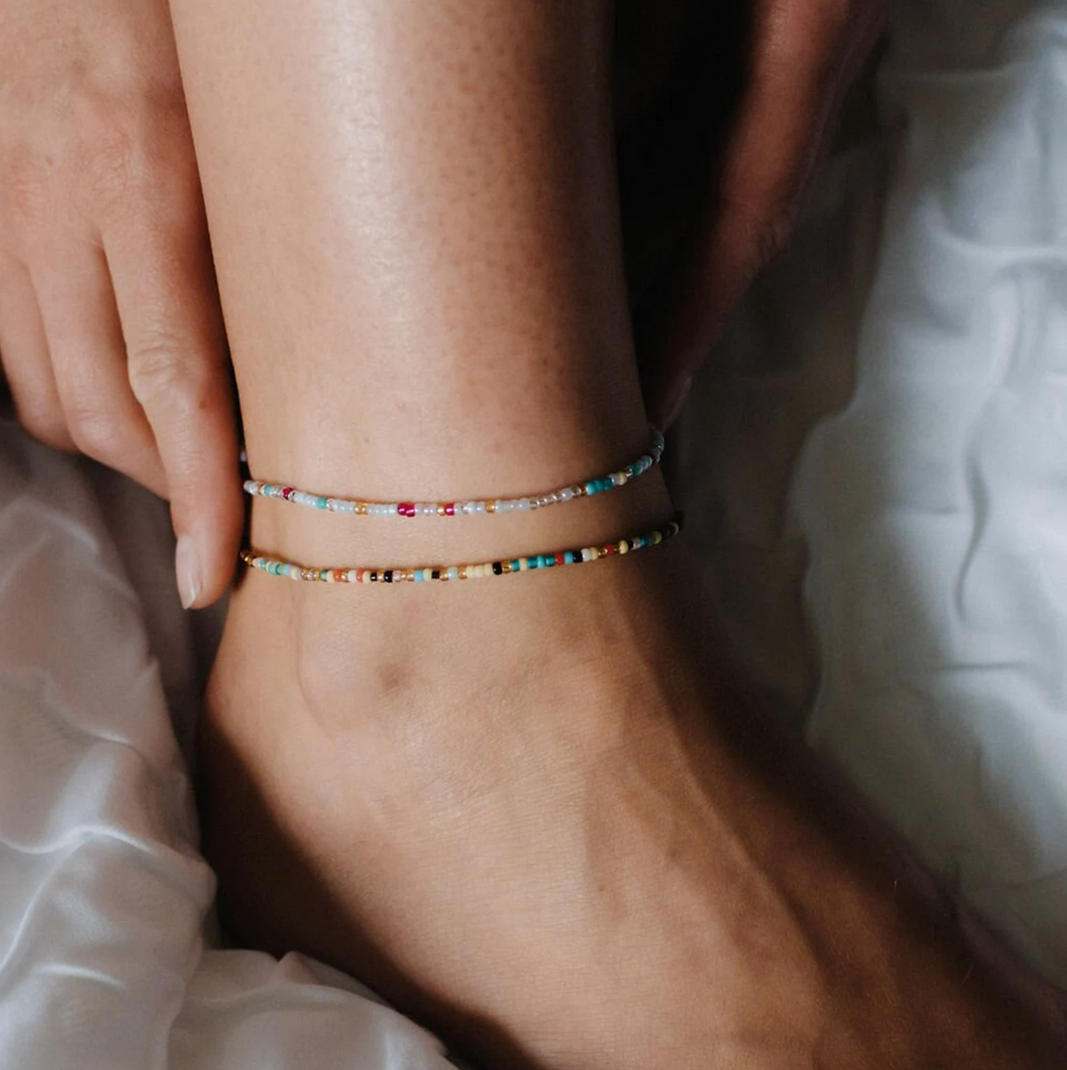 Adjustable Bead Anklet with Glass Beads and Palm Tree Charm