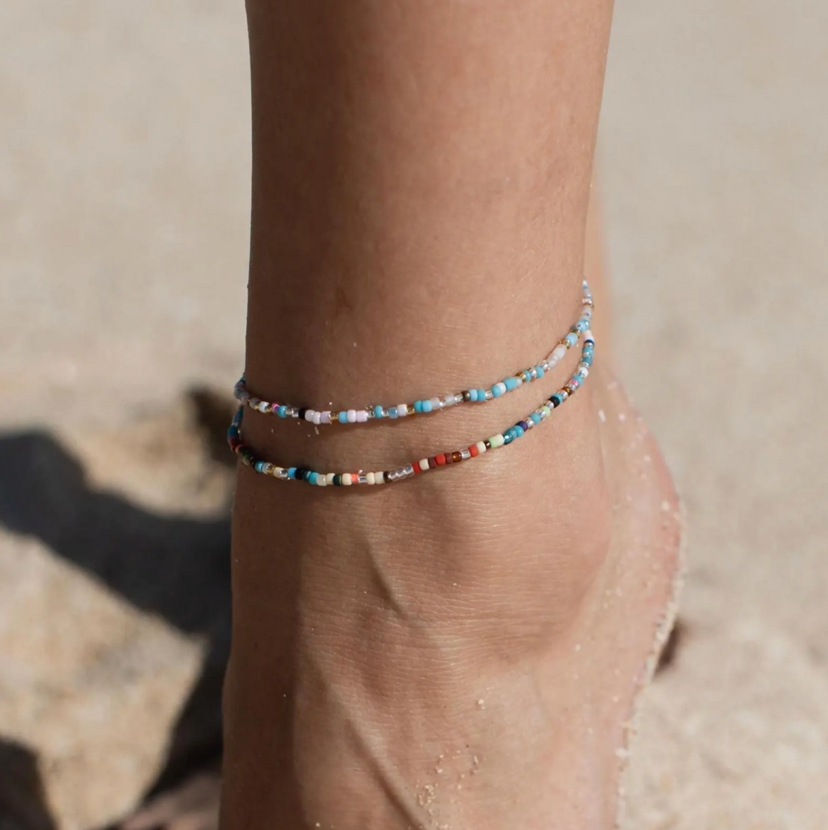 Adjustable Bead Anklet with Glass Beads and Palm Tree Charm