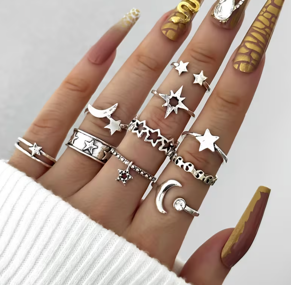 Metal Ring Set with Moon and Star Design, 10 Pieces