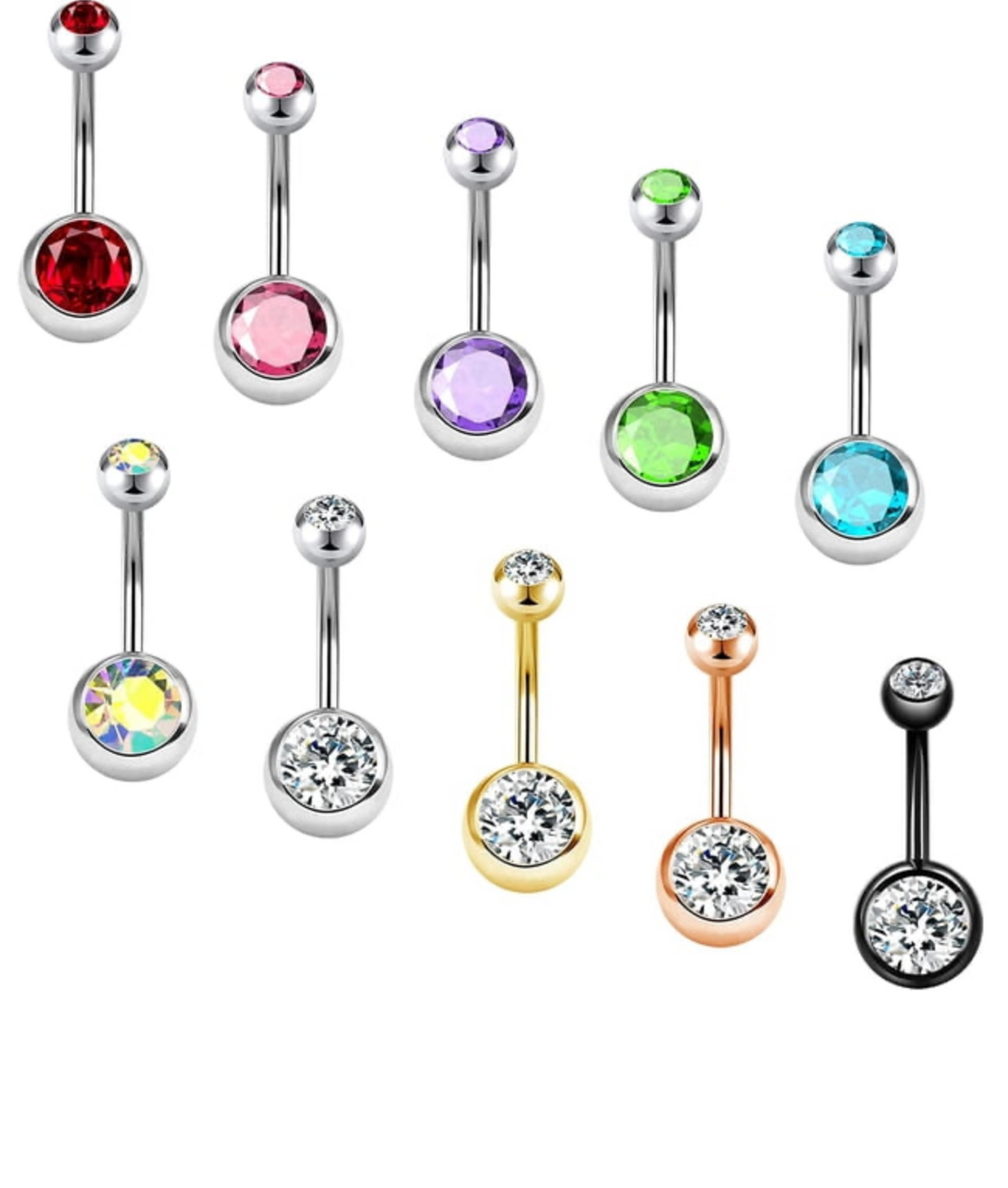 Curved Barbell Belly Button Rings 14G with Crystal Ball Accents and Multiple Colors, 10-Pack