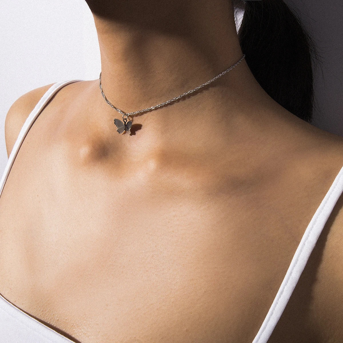 Silver Butterfly Choker Necklace with Adjustable Chain