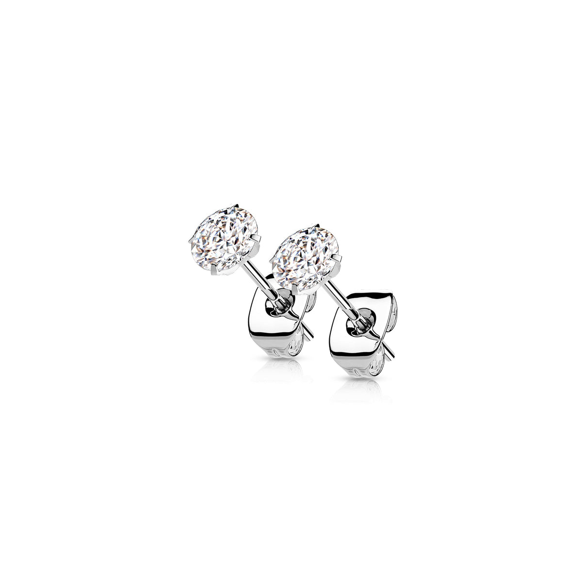Silver titanium clear CZ prong stud earrings pair on white background