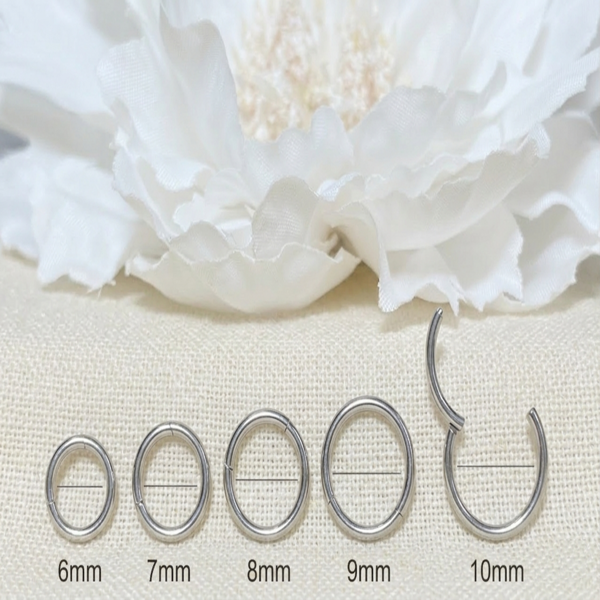 Silver hinged hoop size comparison 6mm to 10mm