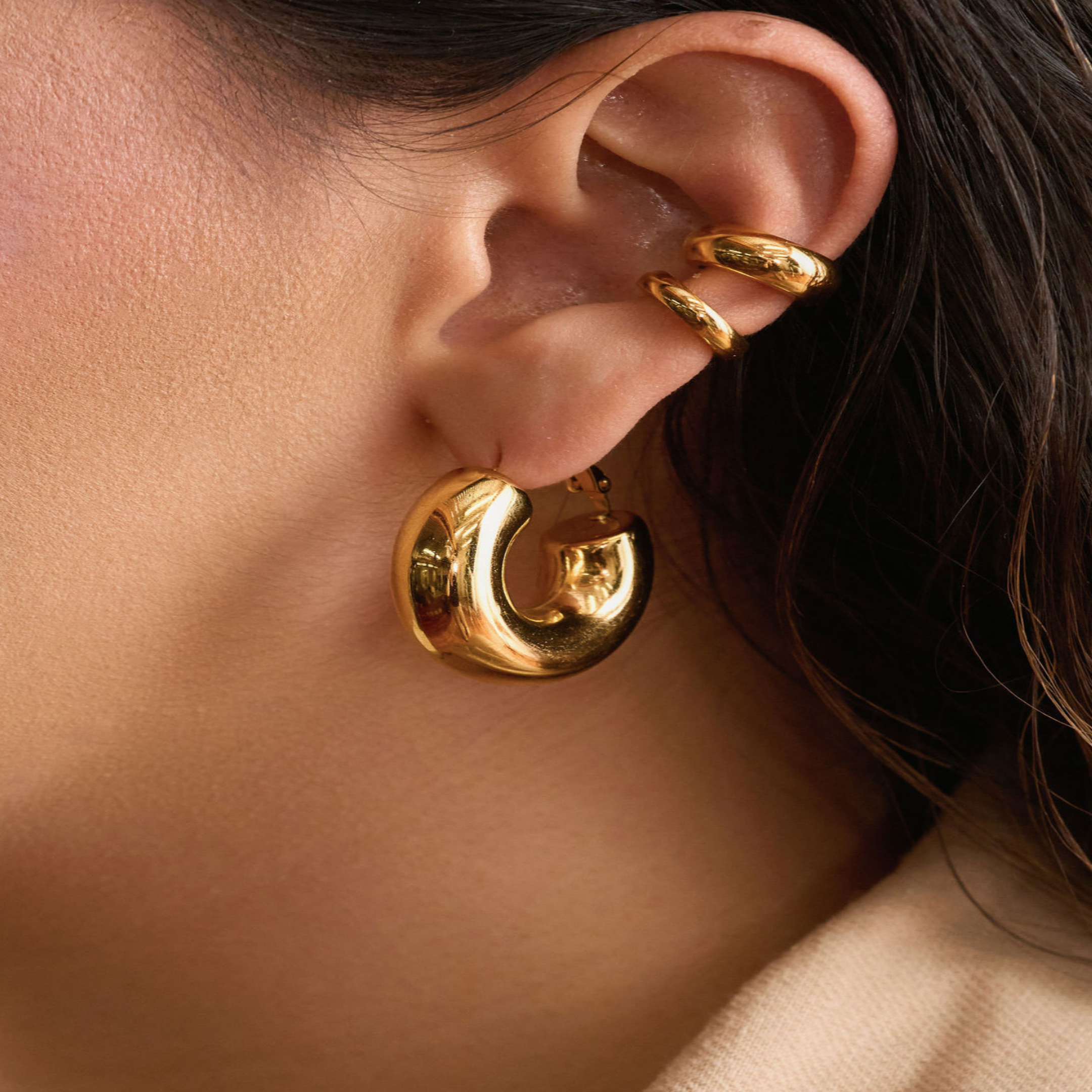 Chunky Gold Plated Hoop Earrings with Stainless Steel C-Shape