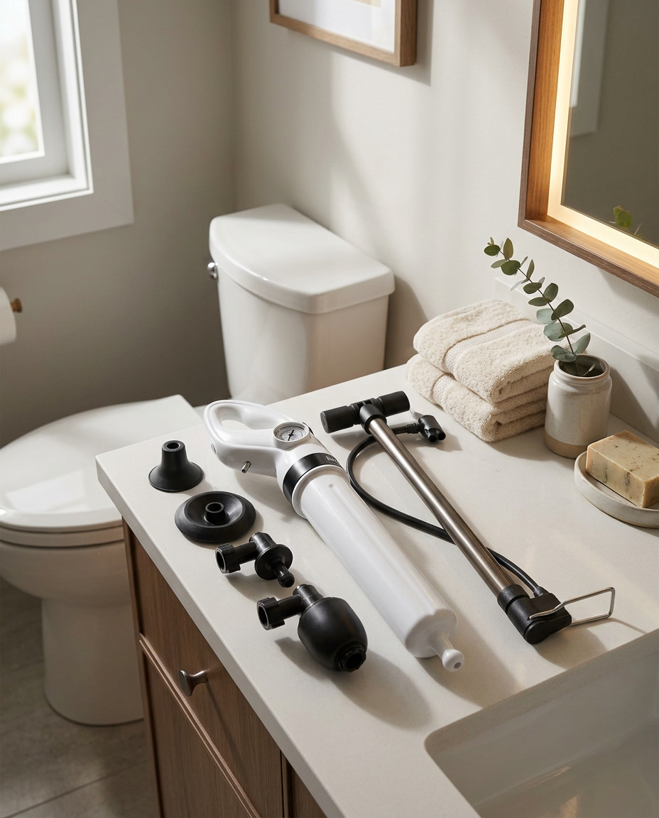 Air Pressure Drain Unblocker with Manual Activation for Toilets and Sinks