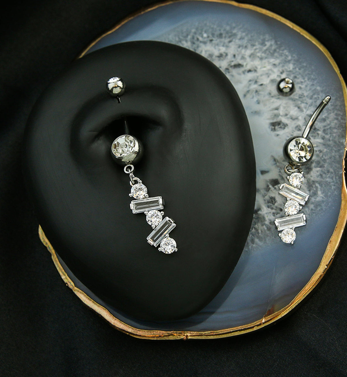 Alternate Baguette Clear CZ Dangle Stainless Steel Belly Button Ring