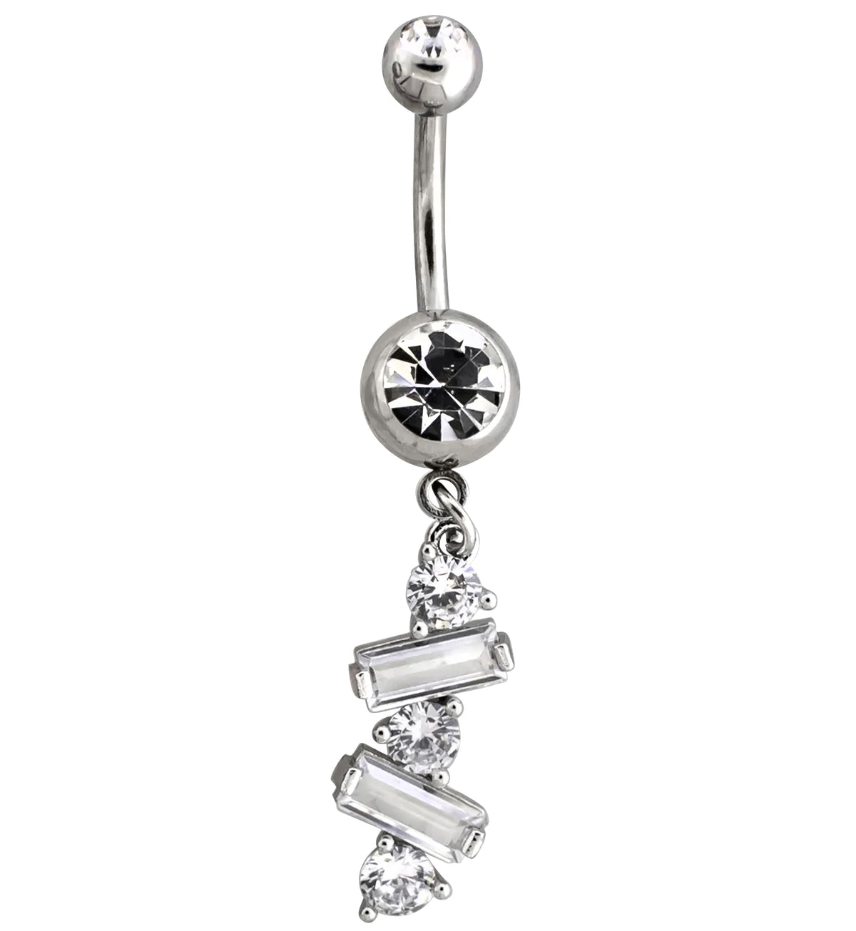 Alternate Baguette Clear CZ Dangle Stainless Steel Belly Button Ring by Urban Body Jewelry