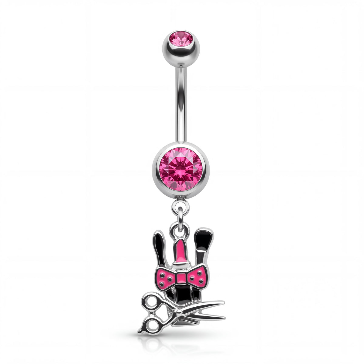 Pink Cubic Zirconia Dangle Belly Button Ring with Hair and Makeup Charms