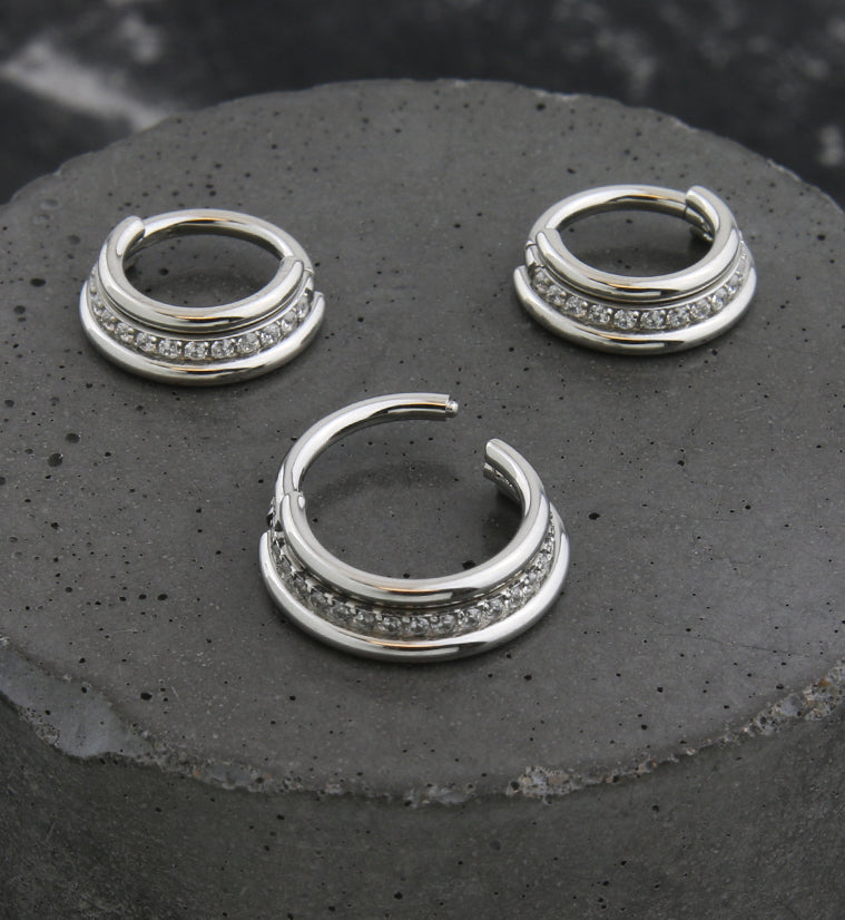 Center Clear CZ Row Stainless Steel Hinged Segment Ring