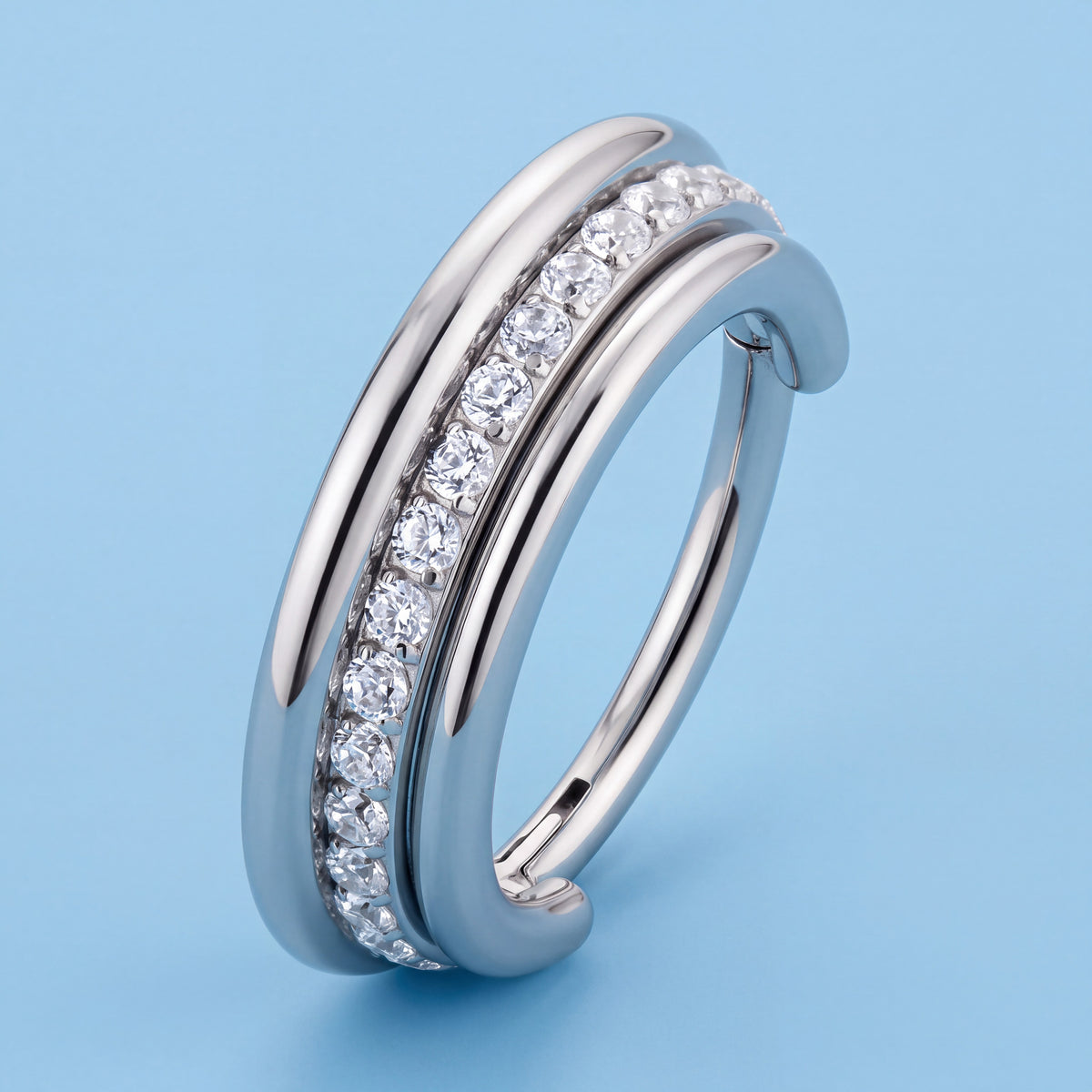 Triple Hoop Hinged Segment Ring with Center Clear Cubic Zirconia Row, 16G Stainless Steel