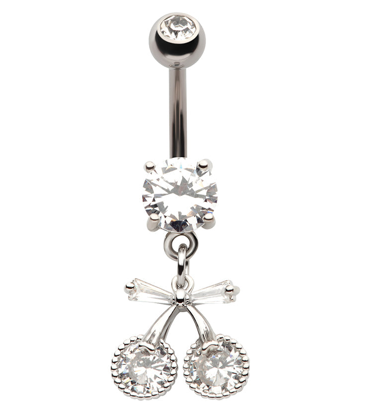 Cherry Bow CZ Dangle Stainless Steel Belly Button Ring by Urban Body Jewelry