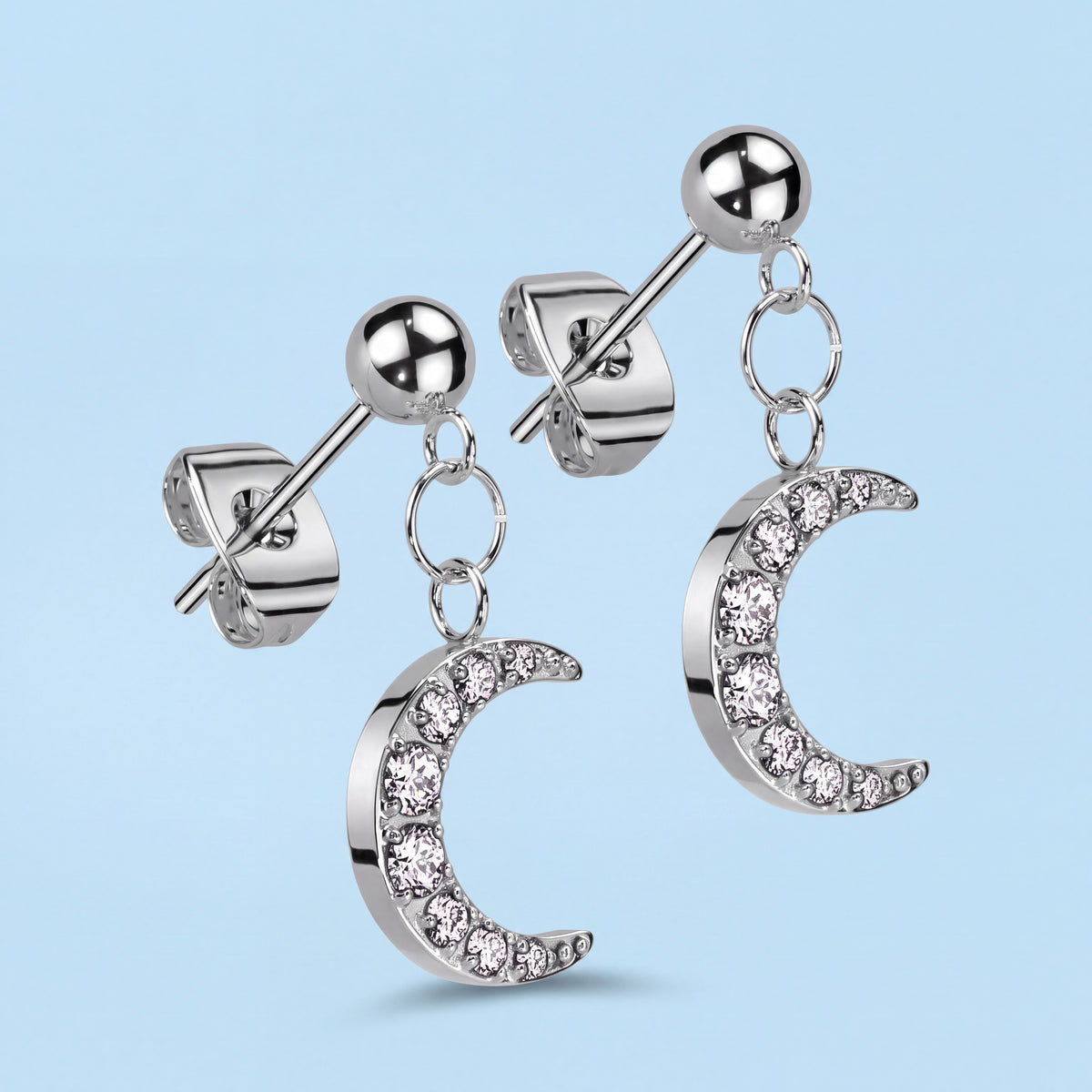 Crescent Moon Cubic Zirconia Stud Earrings with Hoop Top and Butterfly Backs
