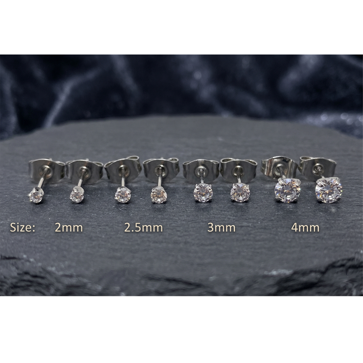 Silver titanium clear CZ stud earrings size comparison 2mm to 5mm