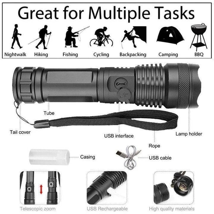 90000 Lumen LED Flashlight with Telescopic Zoom and Rechargeable Battery