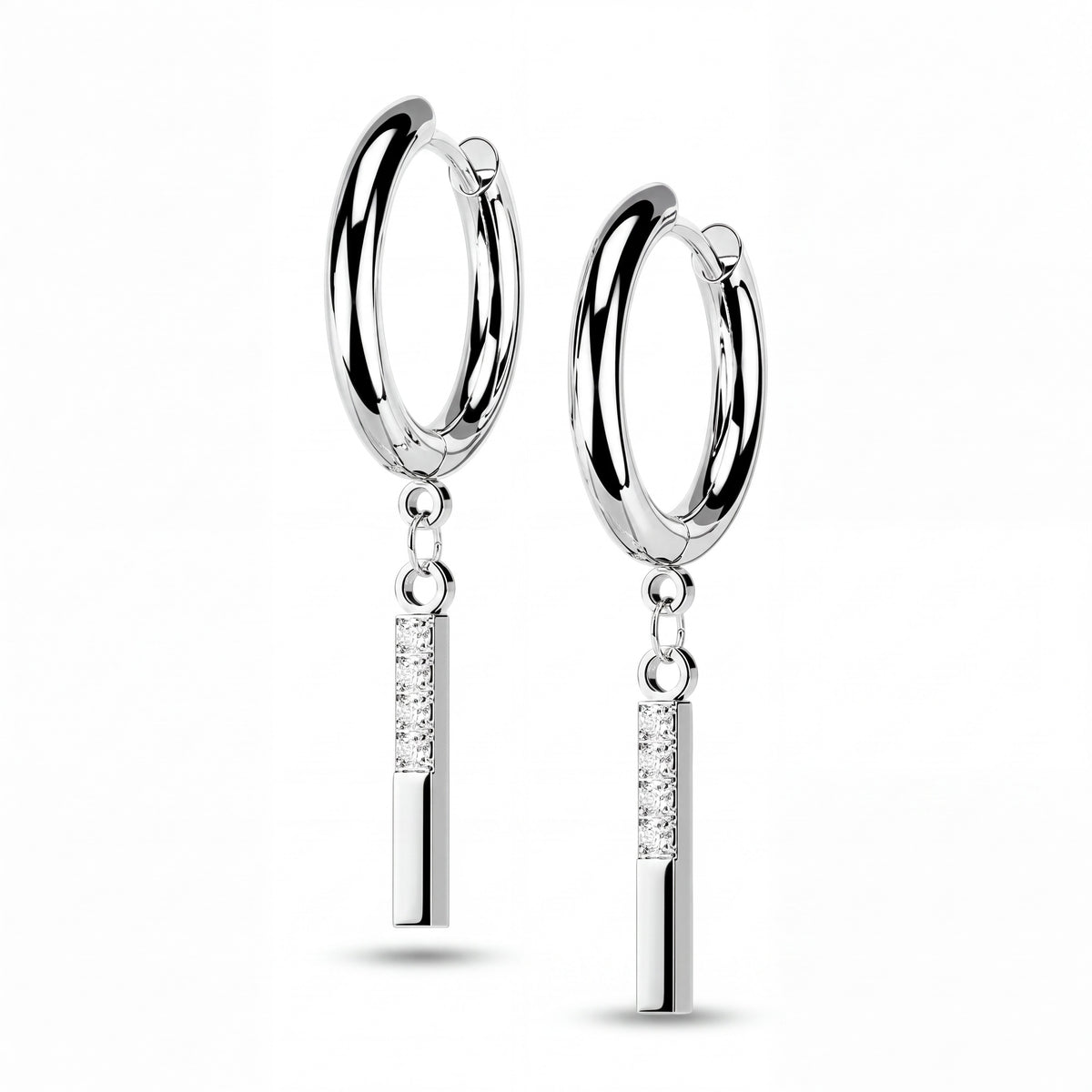 Hoop Earrings with Hinged Closure and Dangling CZ Bar, Stainless Steel