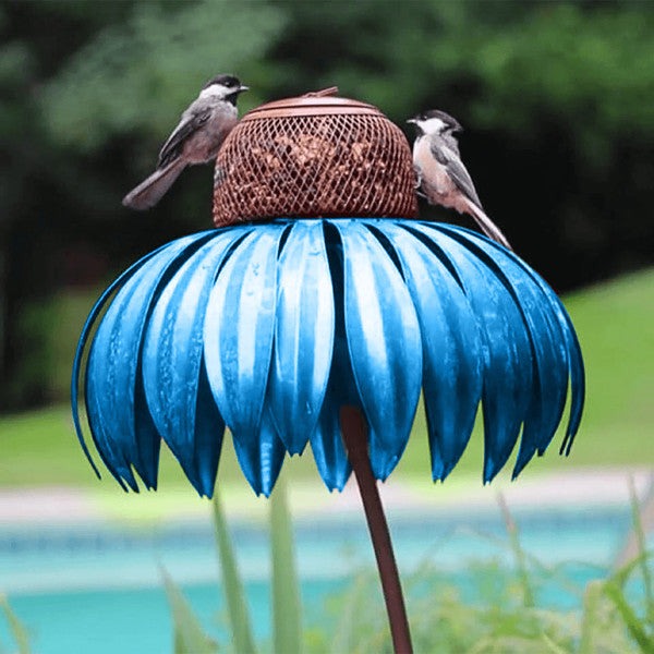 Standing Metal Bird Feeder with Lift-Top Lid and Open Dish