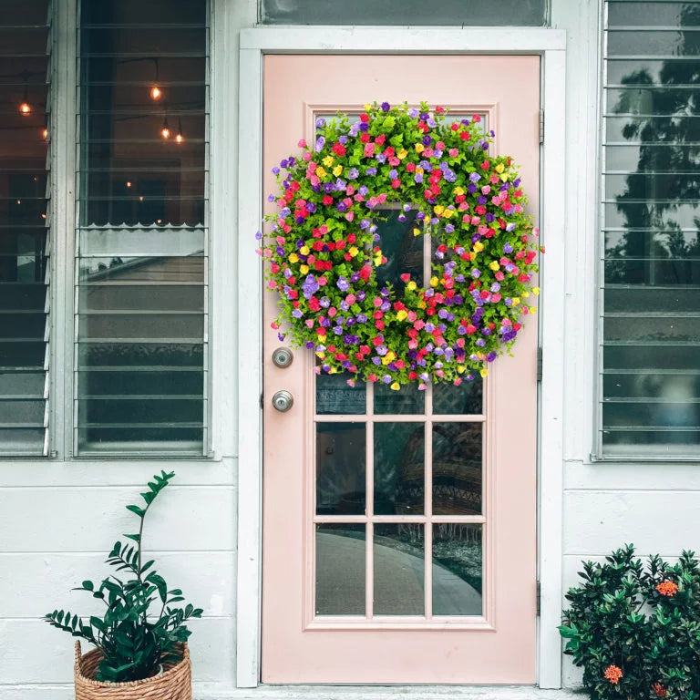 Artificial Wildflower Wreath with Eucalyptus Foliage and Hanging Loop, 15.74in