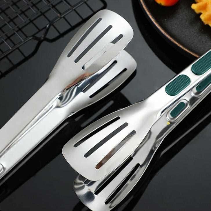 Stainless Steel Kitchen Tongs with Spring-Loaded Mechanism and Scalloped Tips