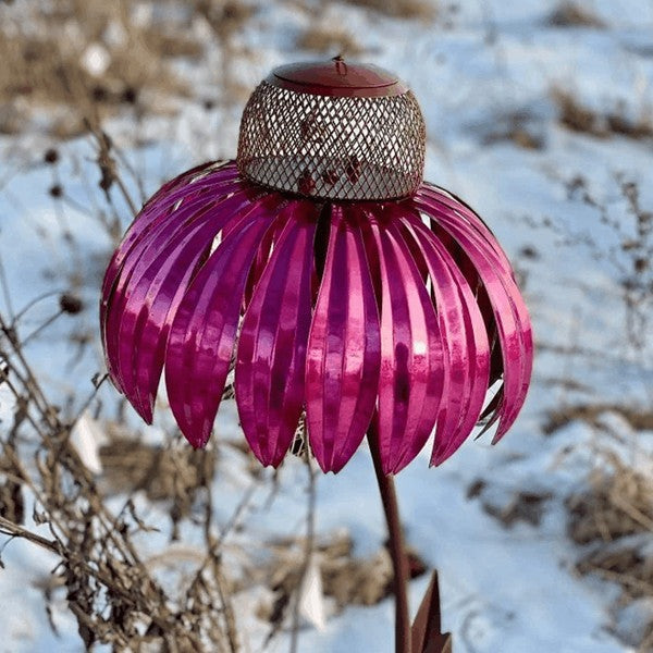 Standing Metal Bird Feeder with Lift-Top Lid and Open Dish