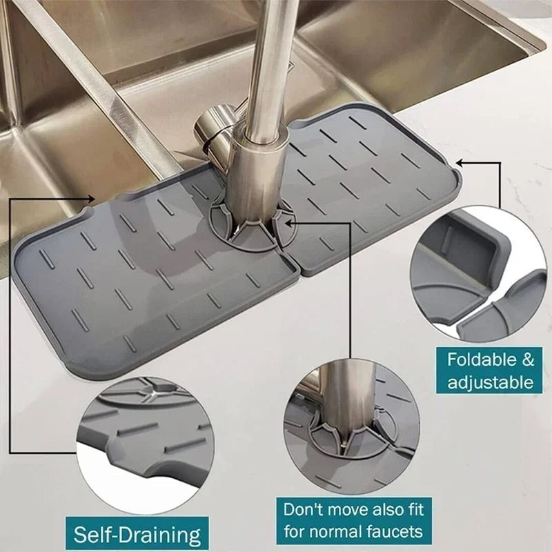 Silicone Sink Mat with Drainage Channels and Built-In Storage