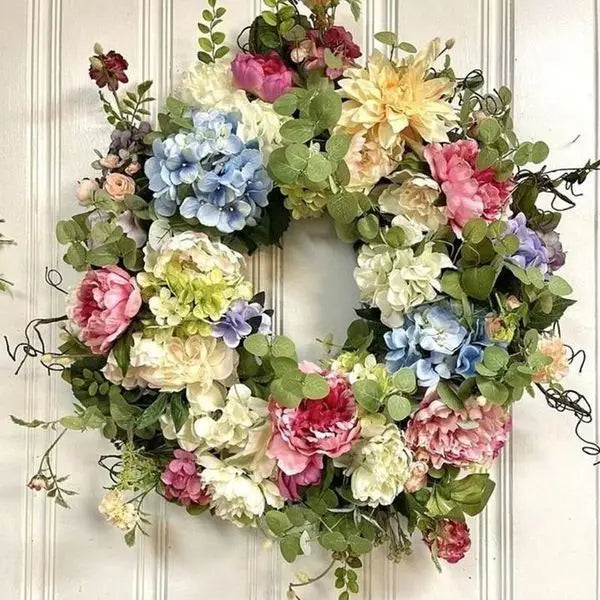 Multicolor Hydrangea Wreath with Green Foliage
