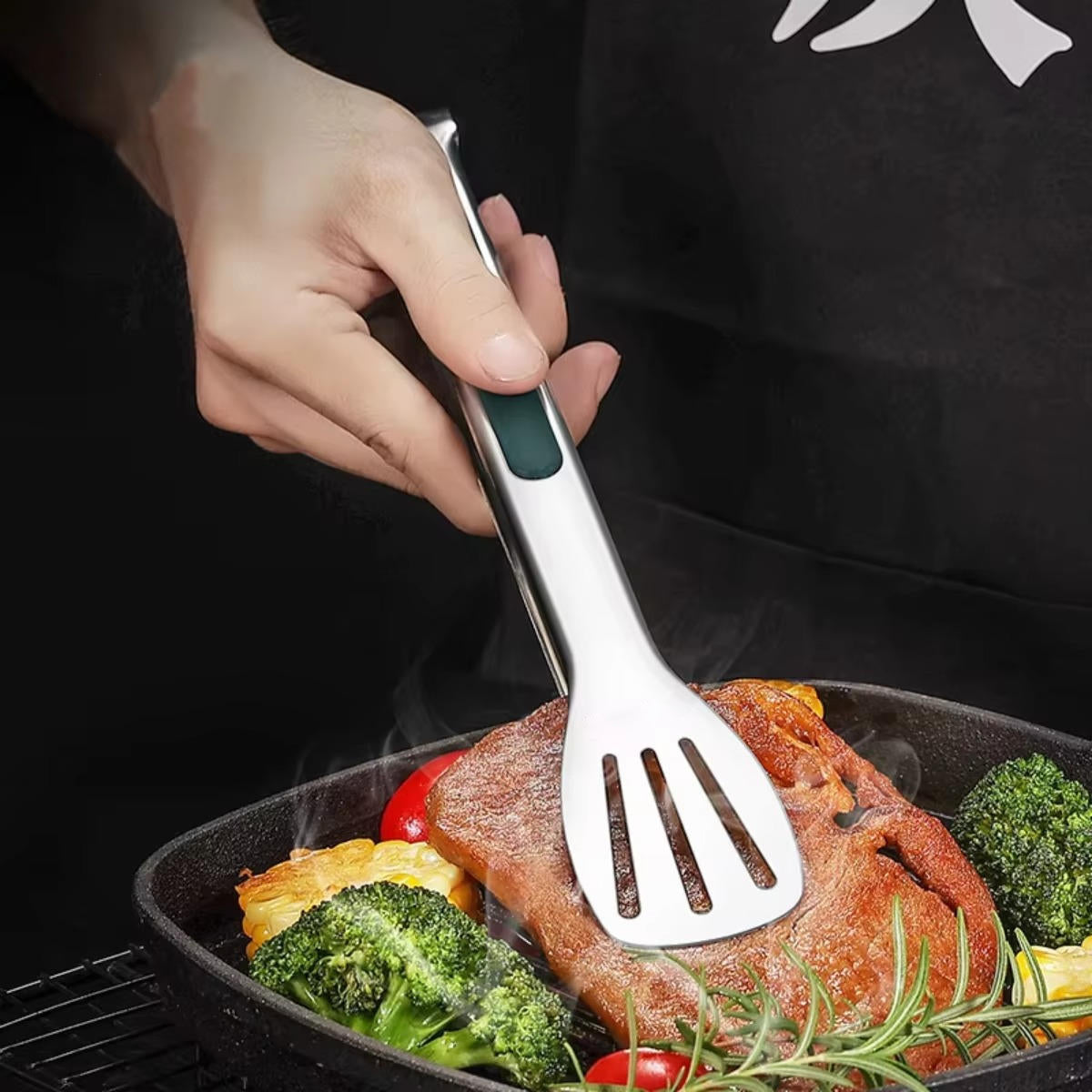 Stainless Steel Kitchen Tongs with Spring-Loaded Mechanism and Scalloped Tips