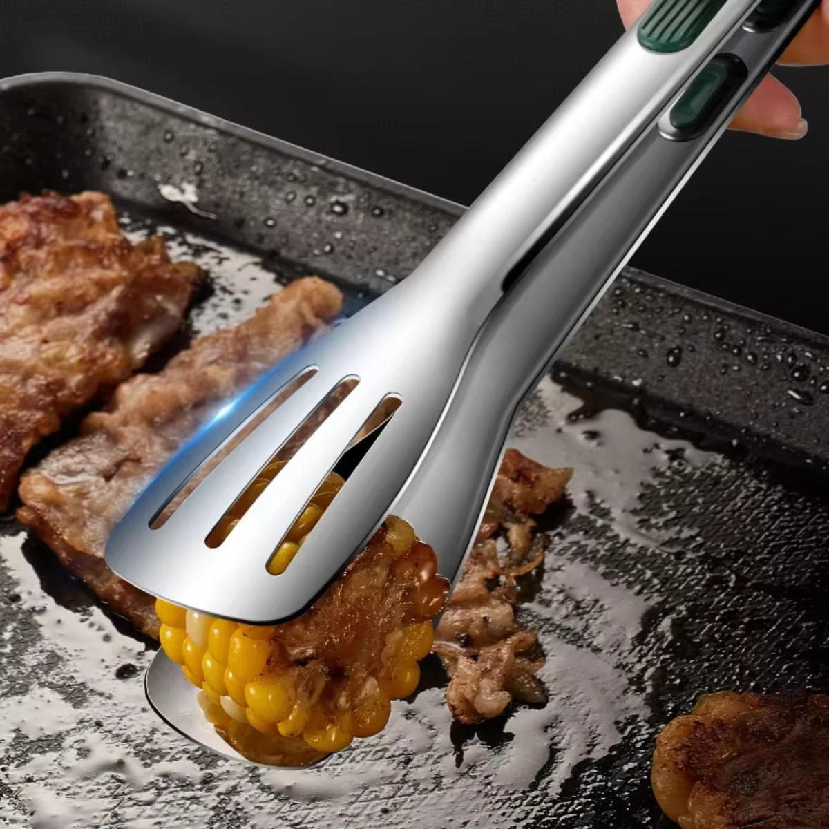 Stainless Steel Kitchen Tongs with Spring-Loaded Mechanism and Scalloped Tips