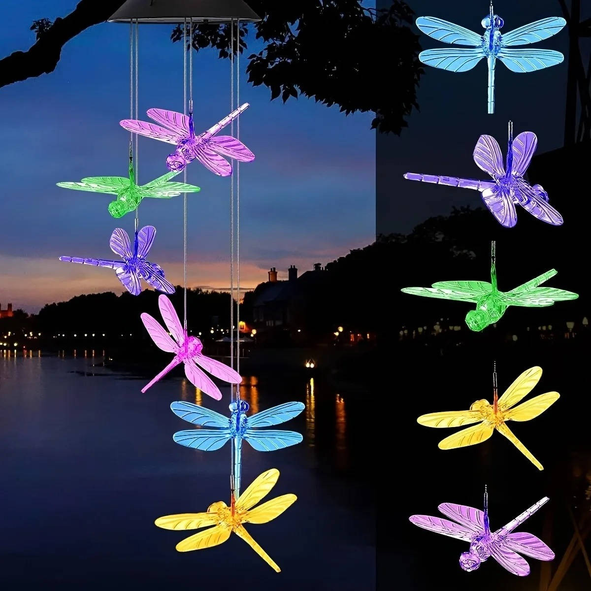 Solar Wind Chimes with 6-Color Rotating LED Display and Automatic Dusk Sensor