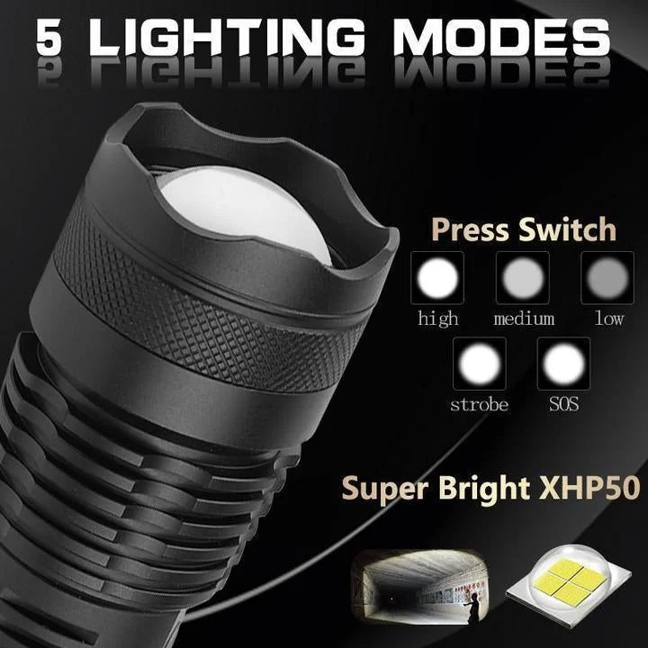 90000 Lumen LED Flashlight with Telescopic Zoom and Rechargeable Battery