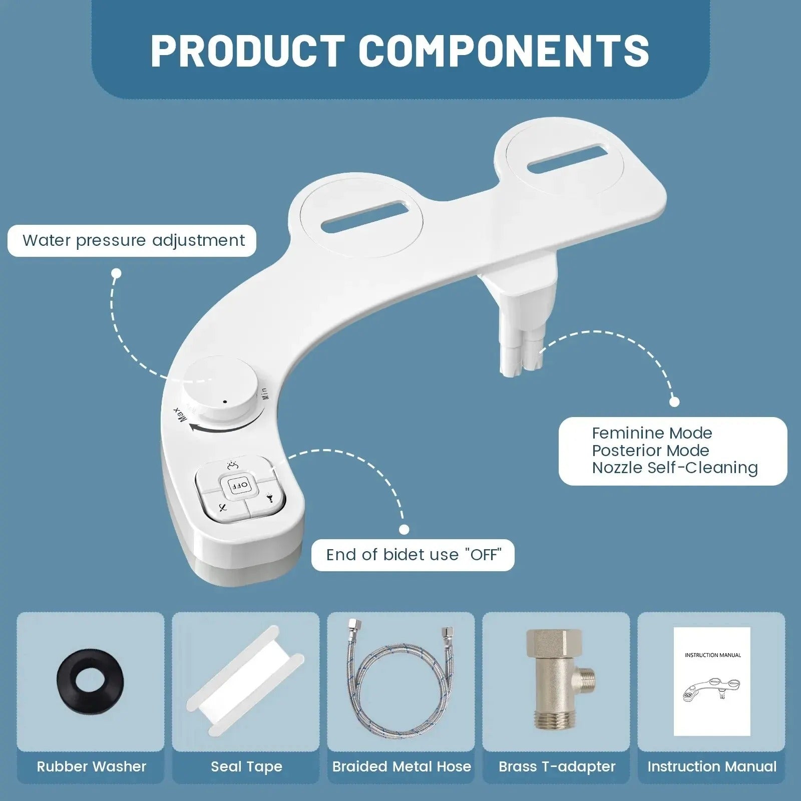 Bidet Attachment with Dual Retractable Nozzles and Adjustable Water Pressure, Memory Settings