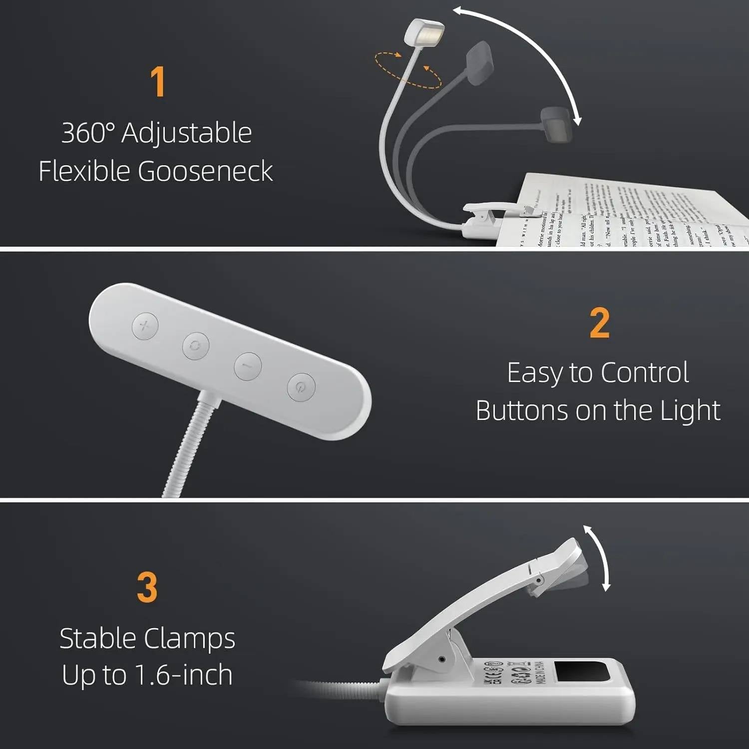 Clip-On Reading Light with Adjustable Color Temperature and 360-Degree Gooseneck
