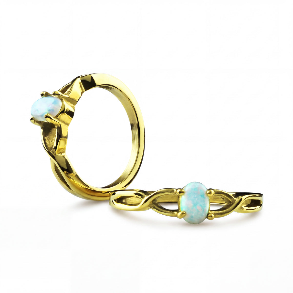 Braided Oval White Opal Ring in Gold Stainless Steel