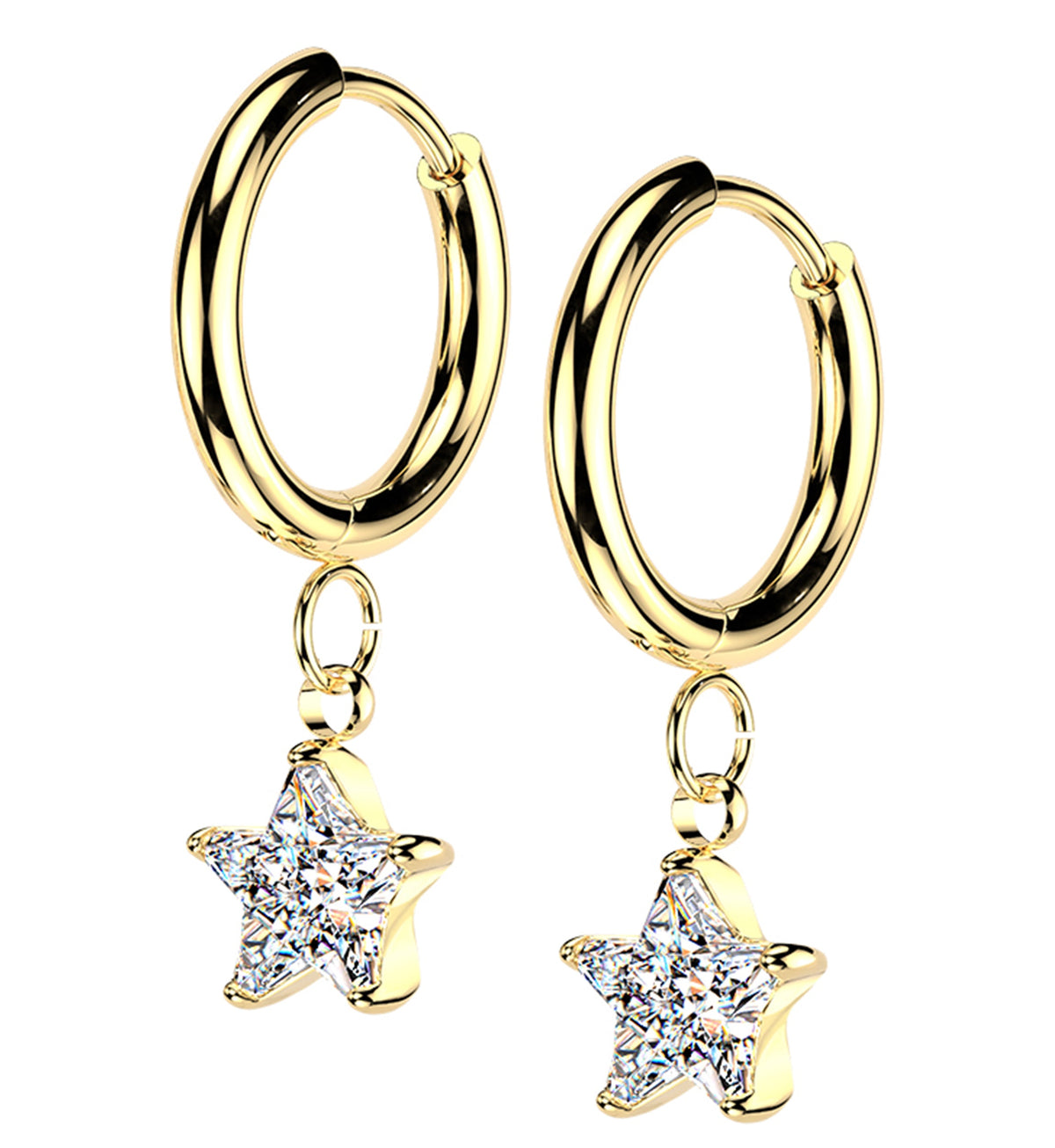 Gold PVD Star CZ Stainless Steel Hinged Hoop Huggie Dangle Earrings by Urban Body Jewelry