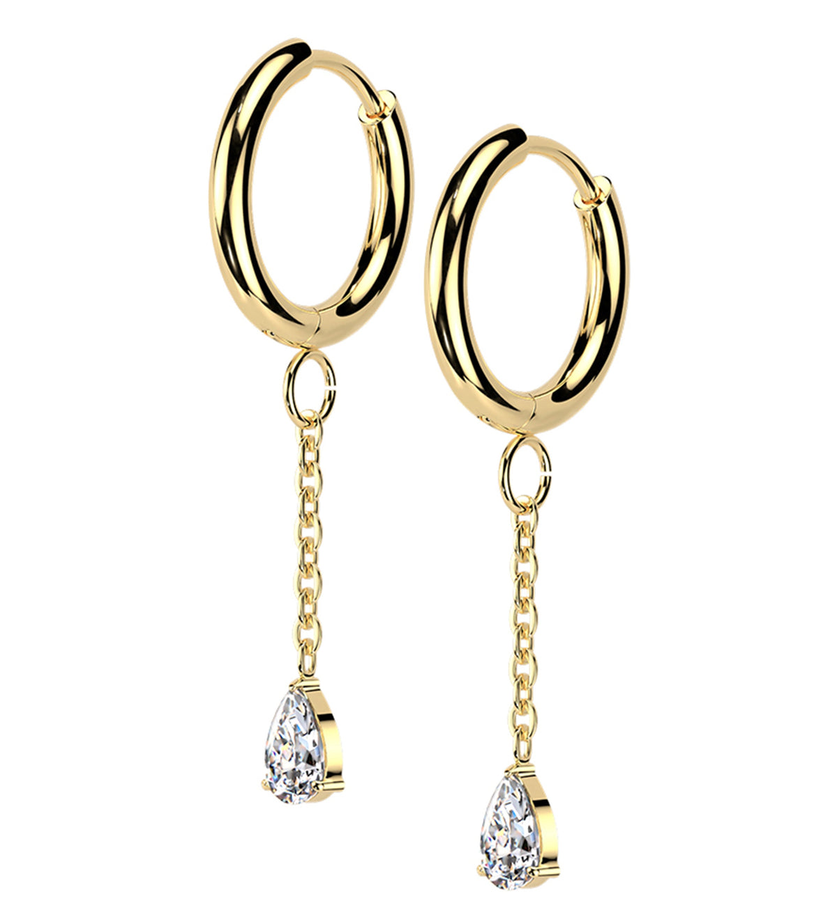Gold PVD Teardrop CZ Dangle Stainless Steel Hinged Hoop Huggie Earrings by Urban Body Jewelry