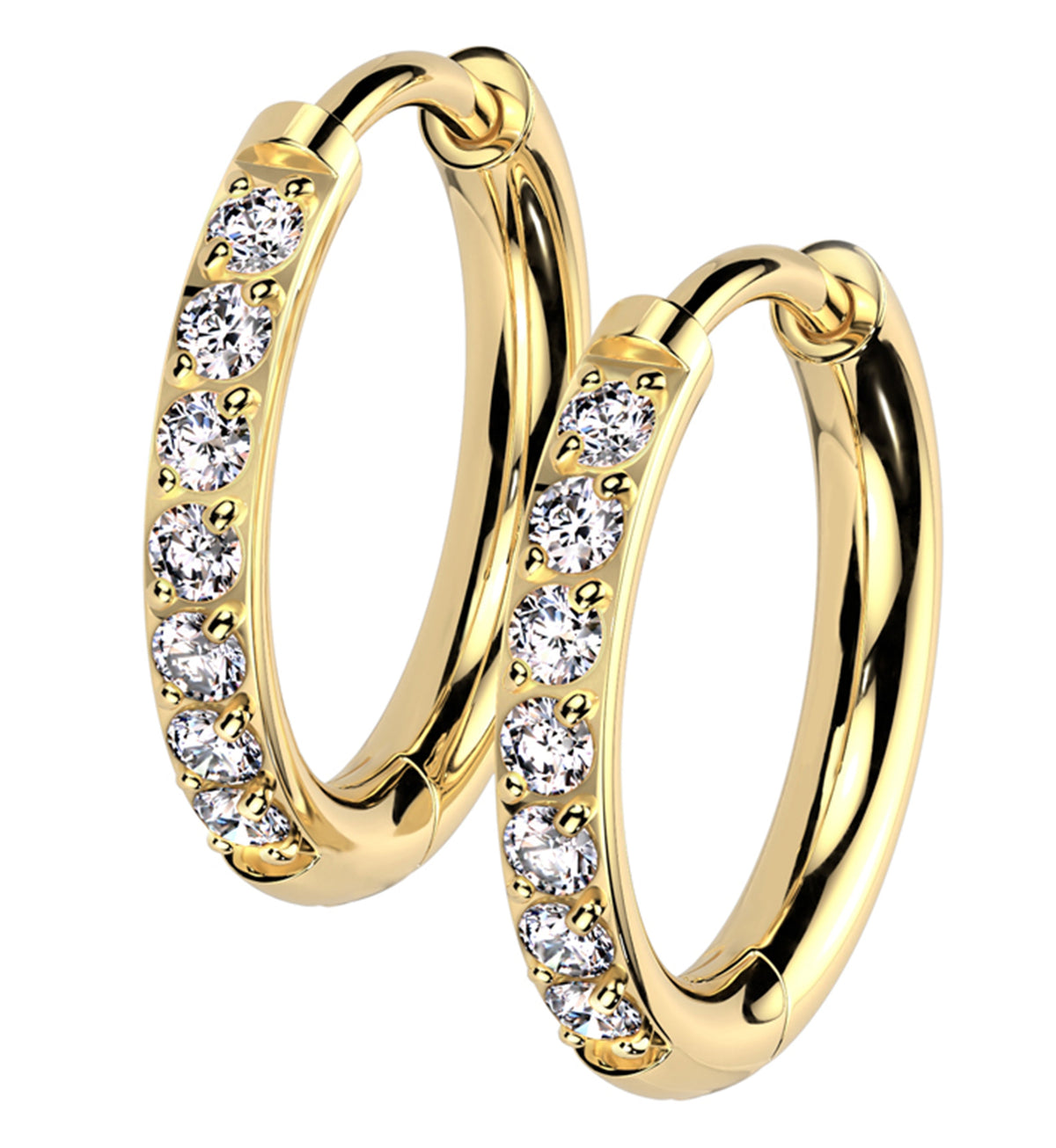Gold PVD Titanium Clear CZ Hinged Hoop Huggie Earrings by Urban Body Jewelry