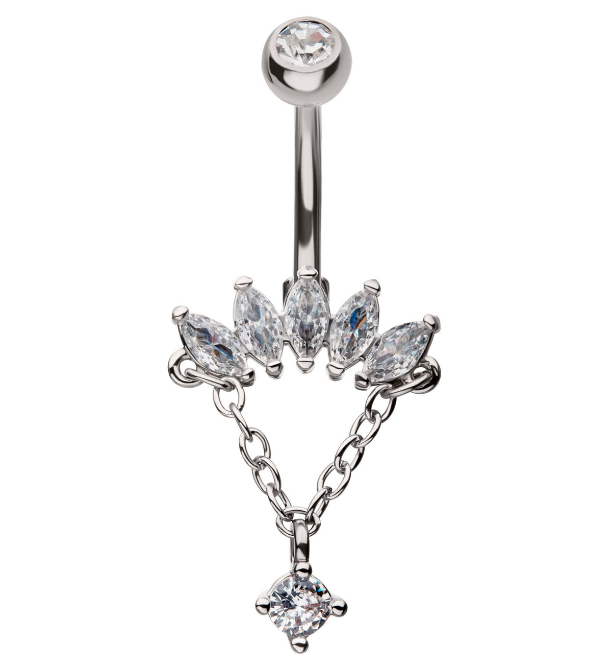 Half Crown Clear CZ Dangle Stainless Steel Belly Button Ring by Urban Body Jewelry