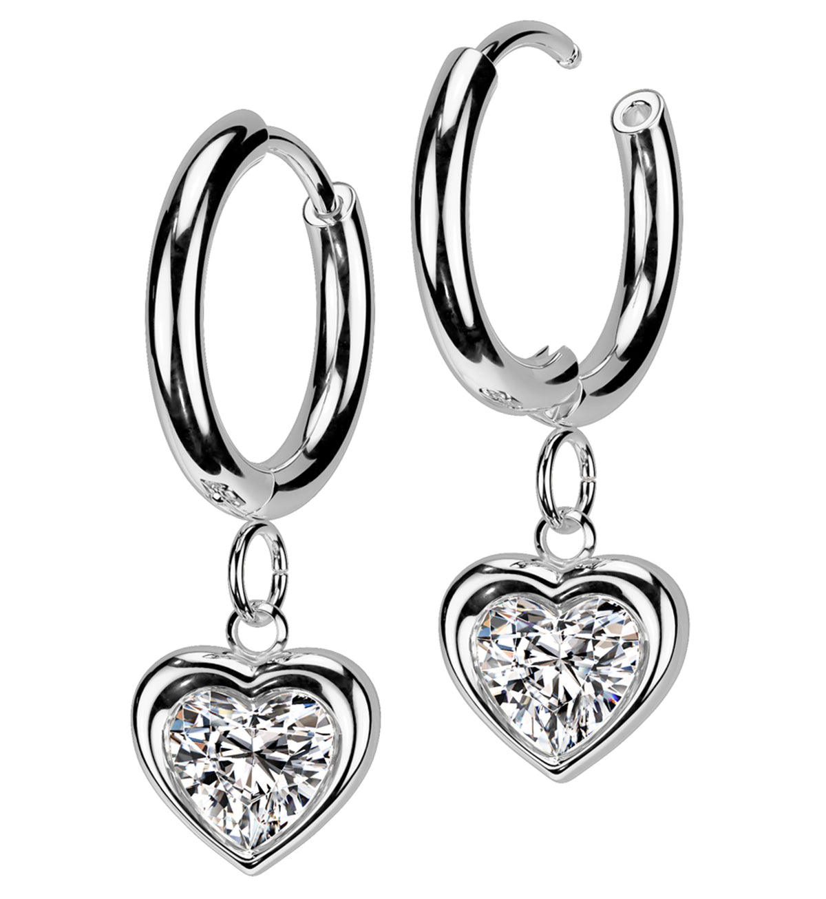 Heart Clear CZ Dangle Stainless Steel Hinged Earrings by Urban Body Jewelry