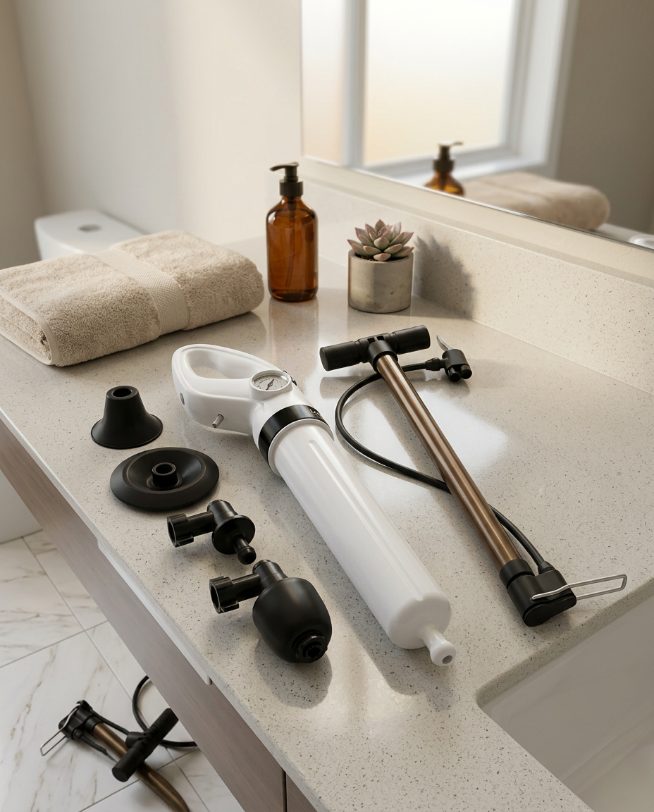 Air Pressure Drain Unblocker with Manual Activation for Toilets and Sinks