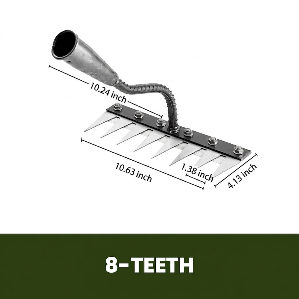 Interchangeable Carbon Steel Rake Head with Detachable Mounting System and Multiple Tooth Options