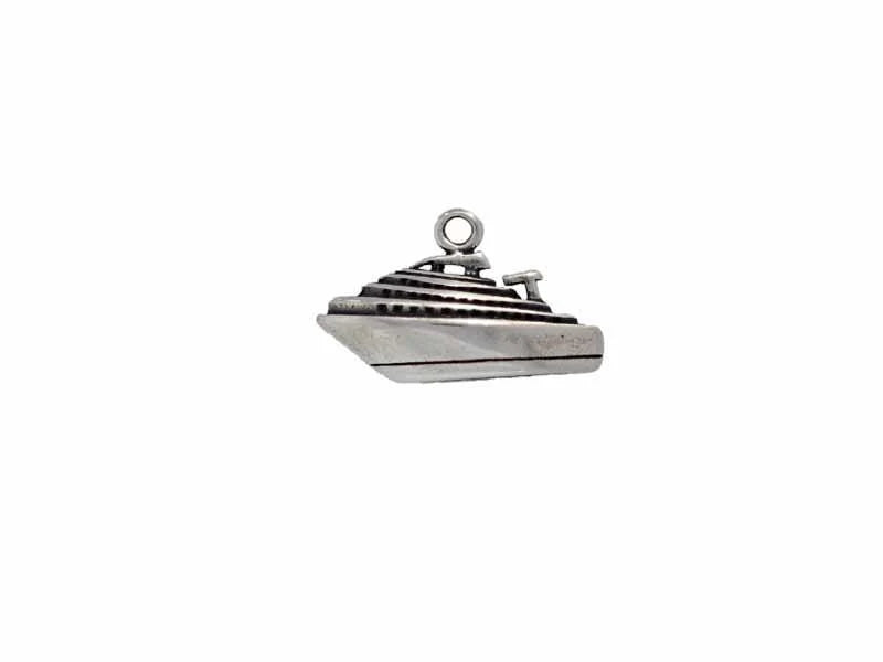 Silver Tone Cruise Ship Charm with Stacked Decks and Hanging Loop