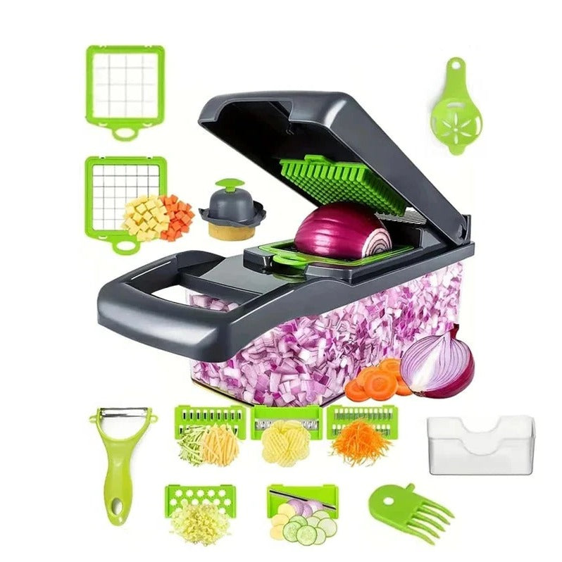 Food Chopper with Multiple Cutting Attachments and Integrated Storage