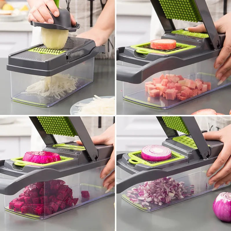 Food Chopper with Multiple Cutting Attachments and Integrated Storage