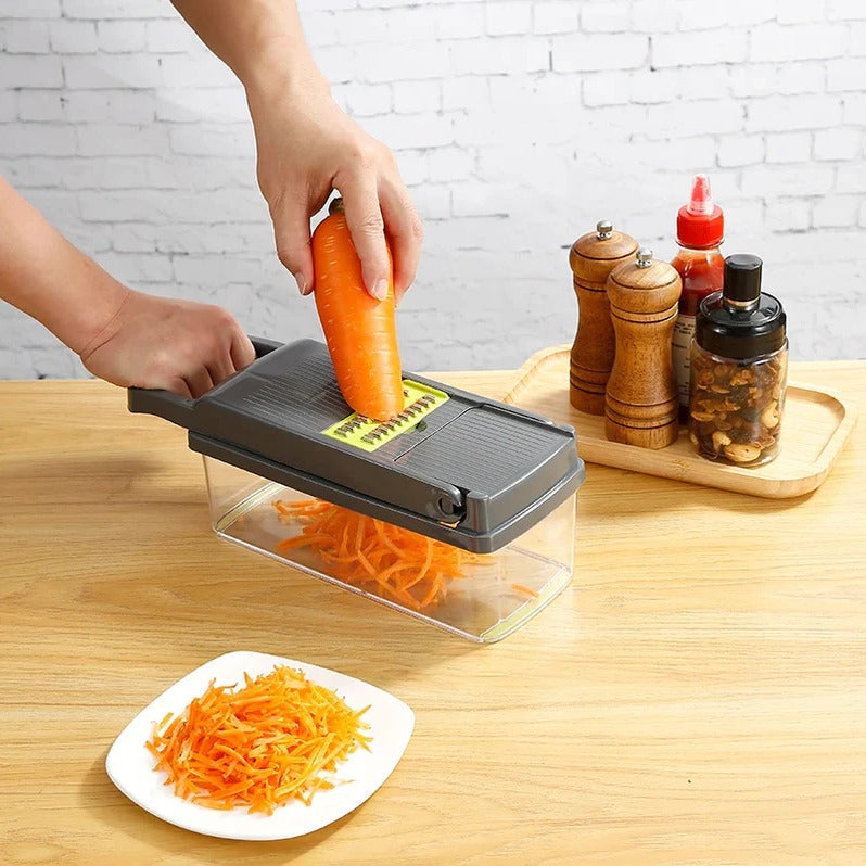 Food Chopper with Multiple Cutting Attachments and Integrated Storage