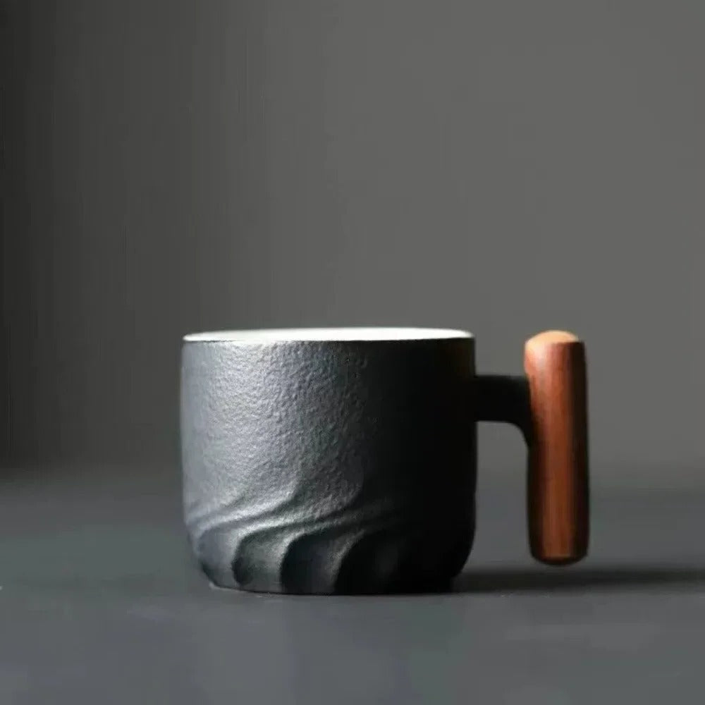 Ceramic Espresso Cup with Wooden Handle and Textured Finish